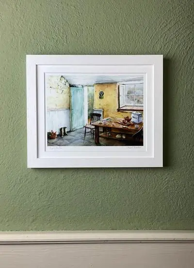 framed print of painting featuring old kitchen in rural ireland